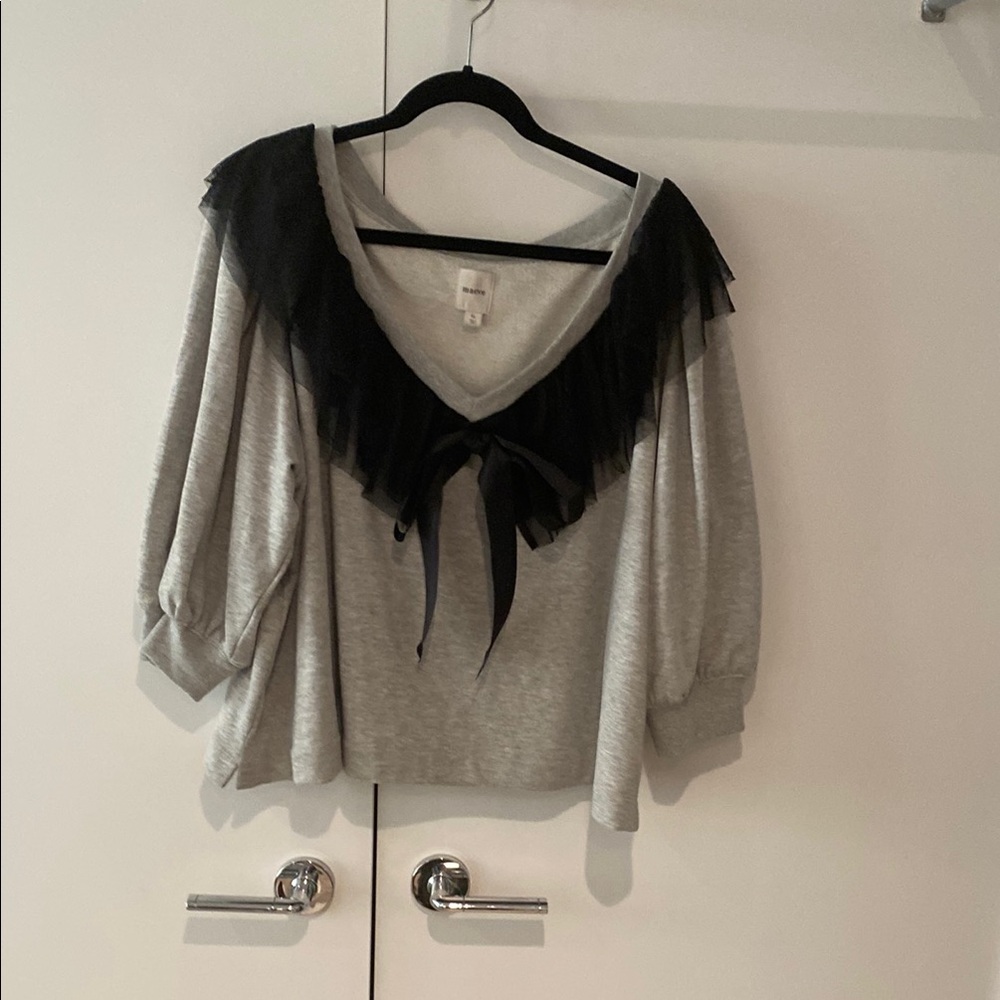 Maeve Gray Top with Black Ruffle and bow Detail
